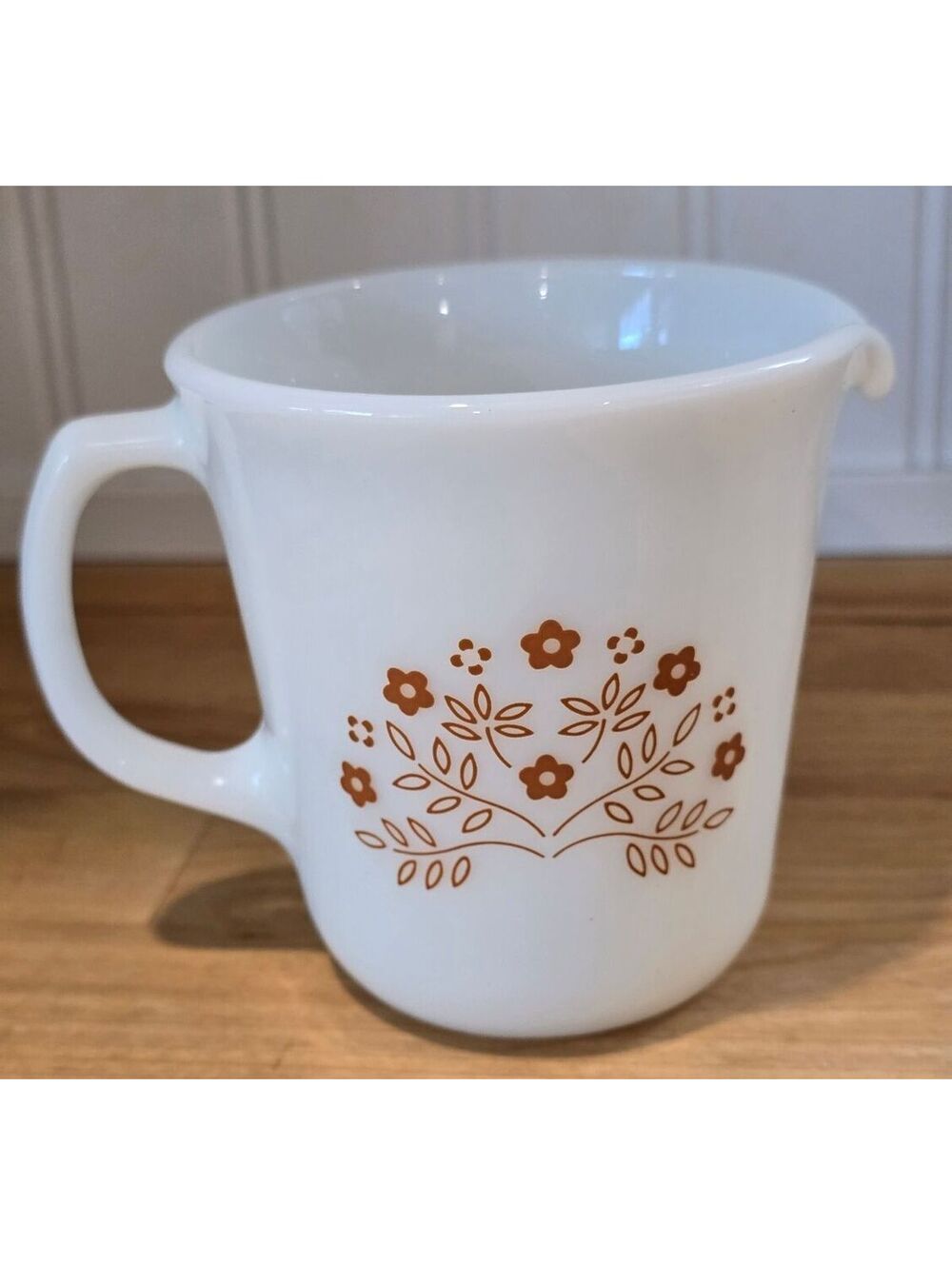 Vintage Pyrex Milk Glass Creamer with Brown Floral Design  1970's